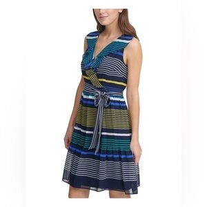 DKNY Womens Navy Ruffled Zippered Belted Lined Striped Sleeveless Surplice Dress